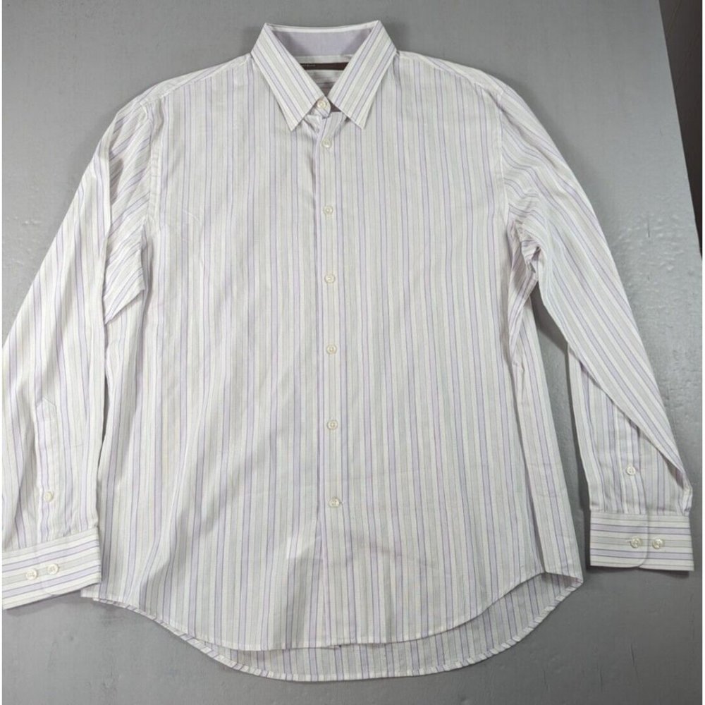 Perry Ellis Men's XL White Vertical‎ Striped Long Sleeve Button Down Shirt